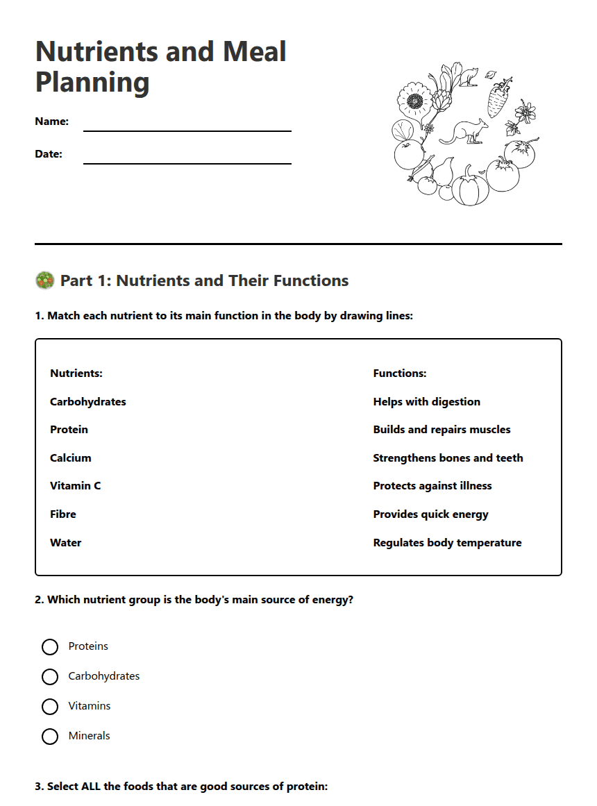 Nutrients and Meal Planning worksheet preview
