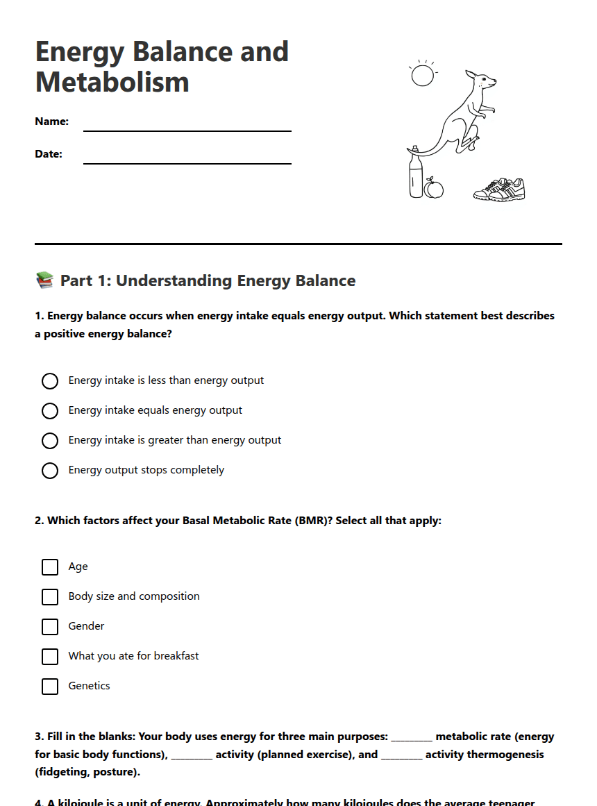 Energy Balance and Metabolism worksheet preview