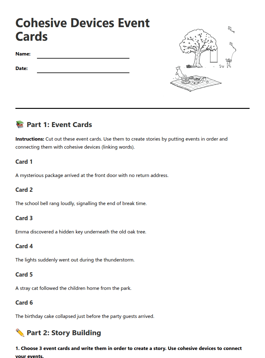 Cohesive Devices Event Cards worksheet preview