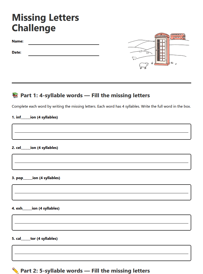 Missing Letters Challenge worksheet preview