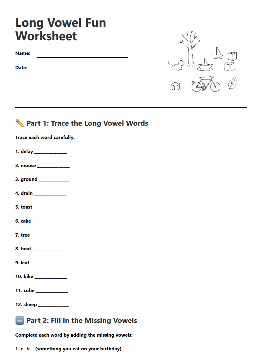 Long Vowel Fun Worksheet worksheet preview