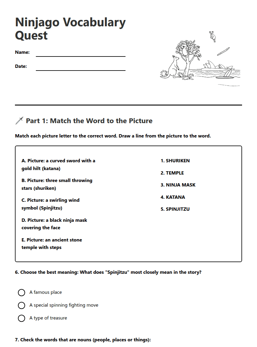 Ninjago Vocabulary Quest worksheet preview
