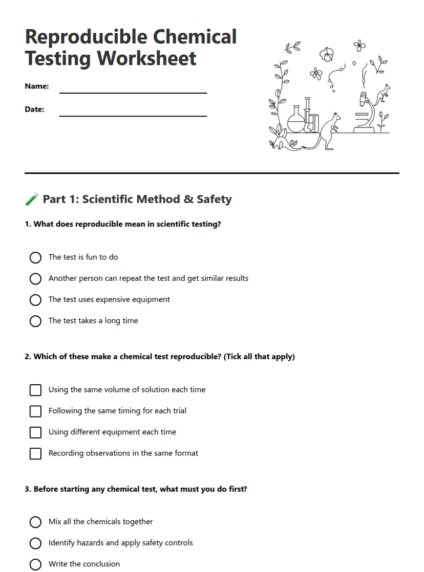 Reproducible Chemical Testing Worksheet