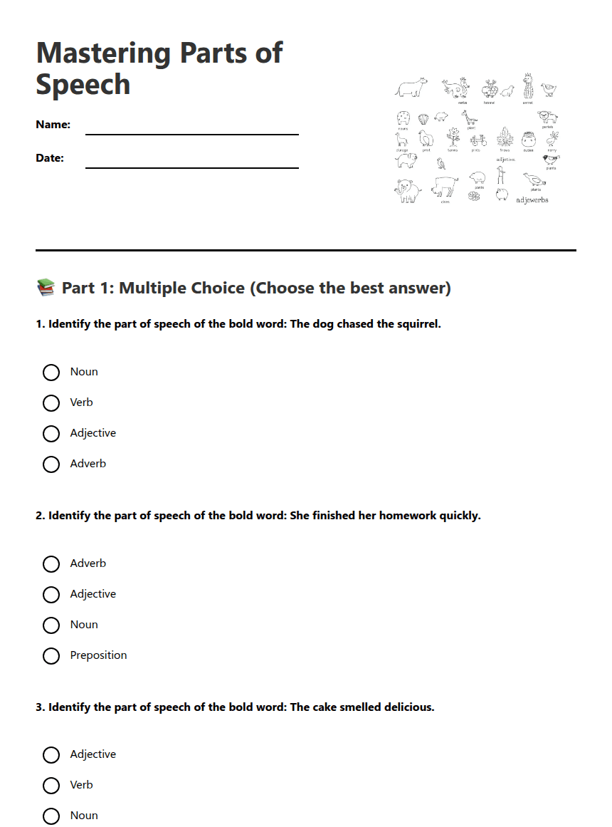 Mastering Parts of Speech worksheet preview