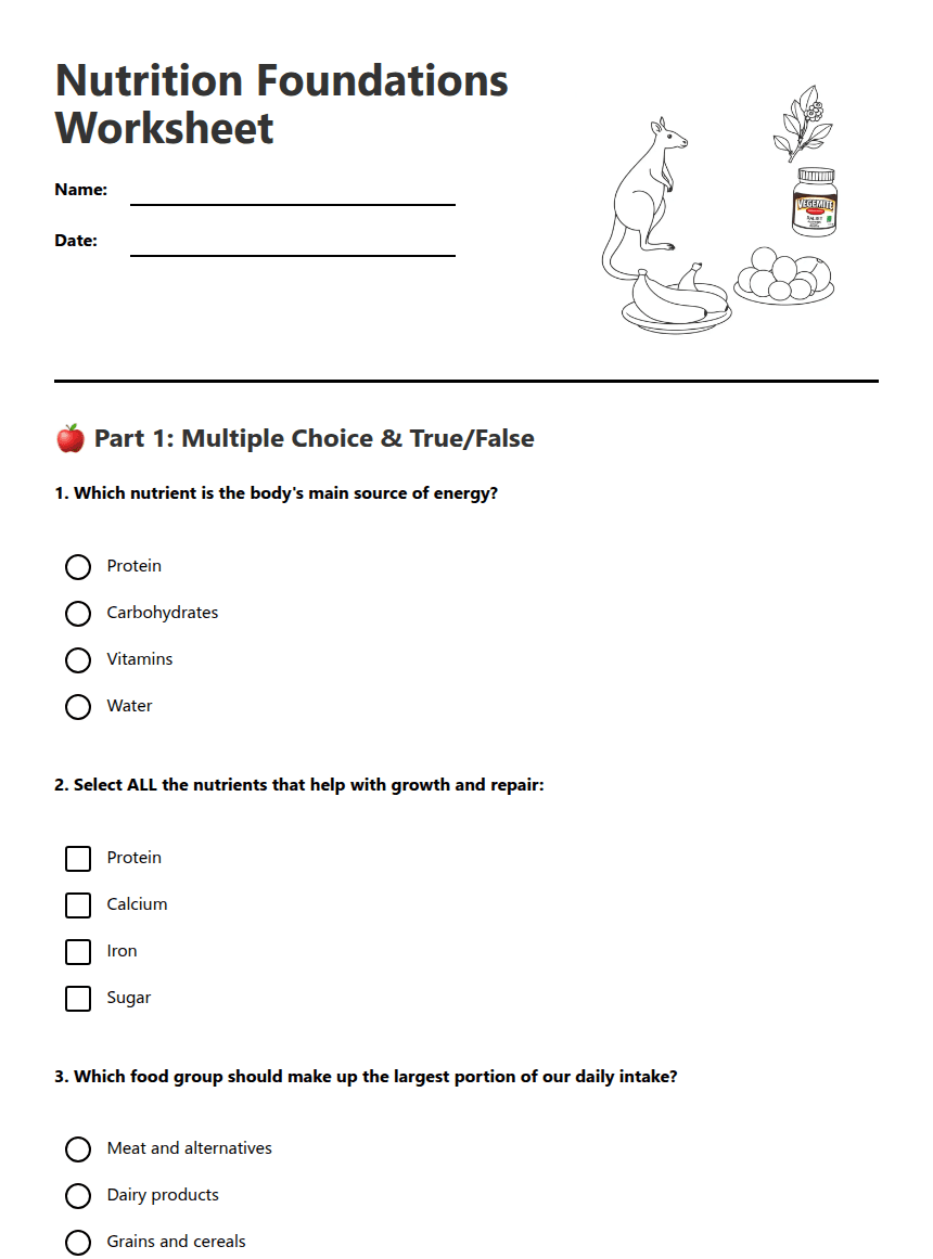 Nutrition Foundations Worksheet worksheet preview