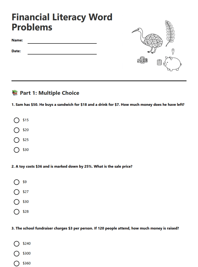 Financial Literacy Word Problems