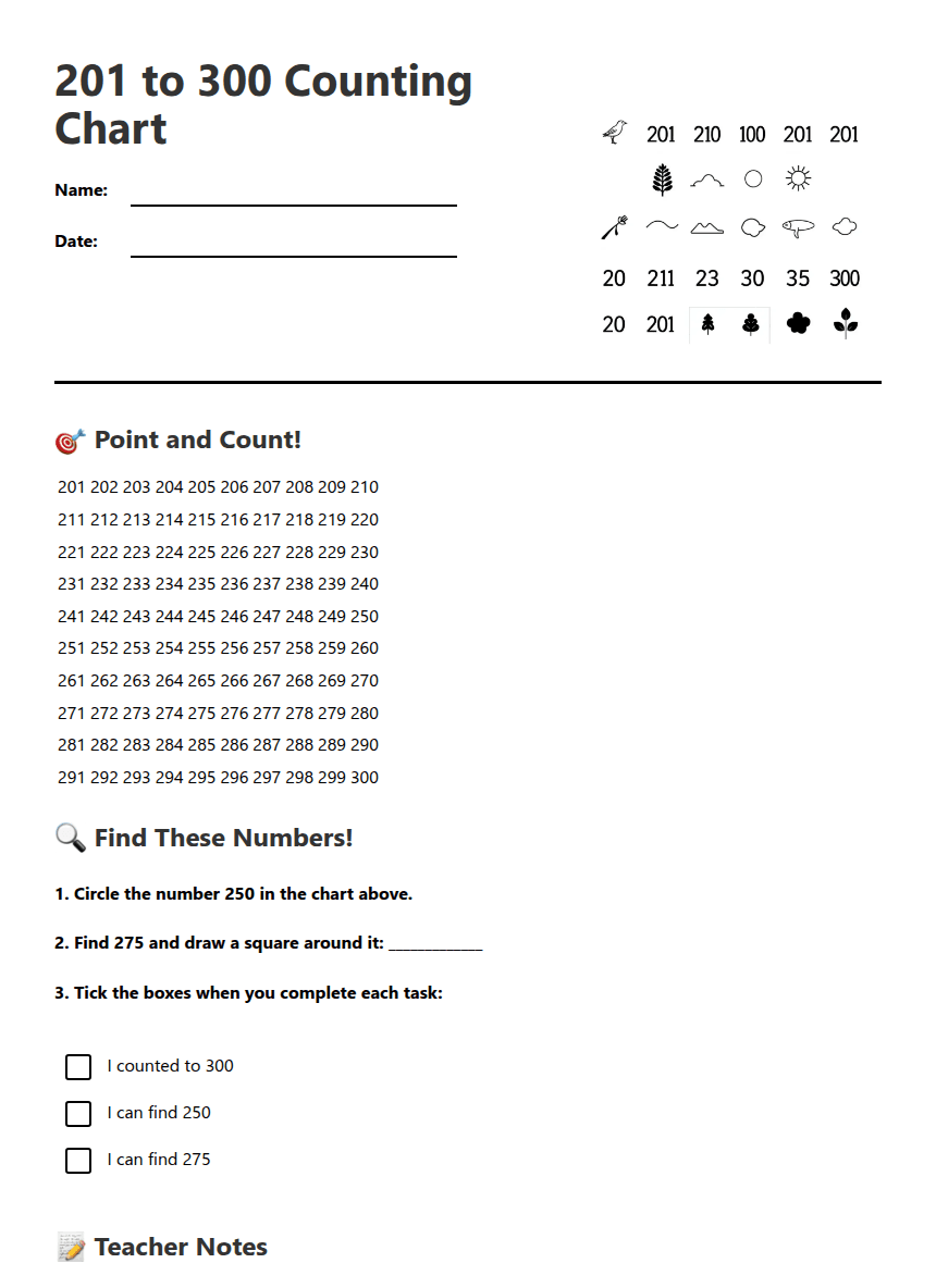 201-300 Counting Chart worksheet preview