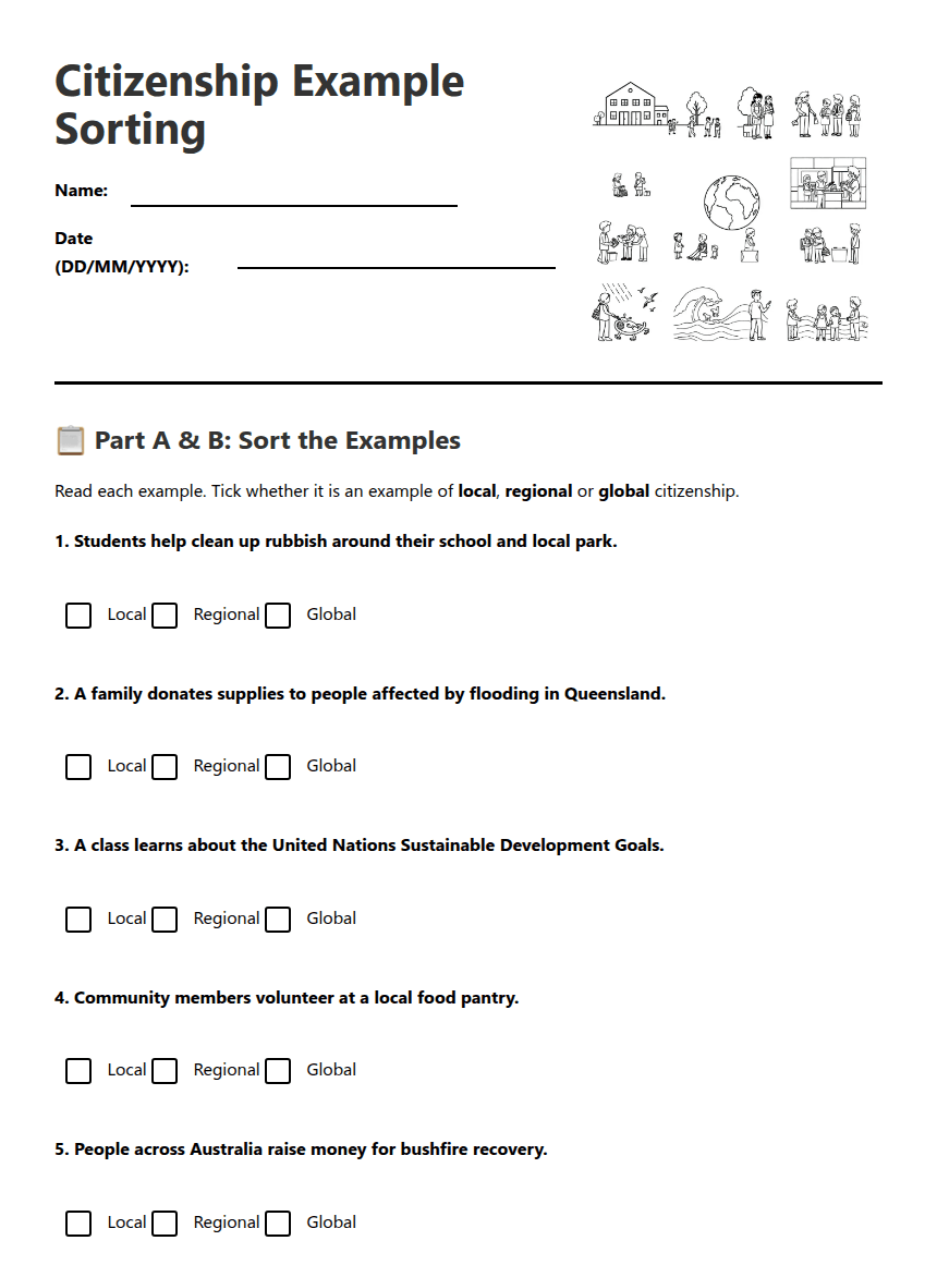 Citizenship Example Sorting worksheet preview