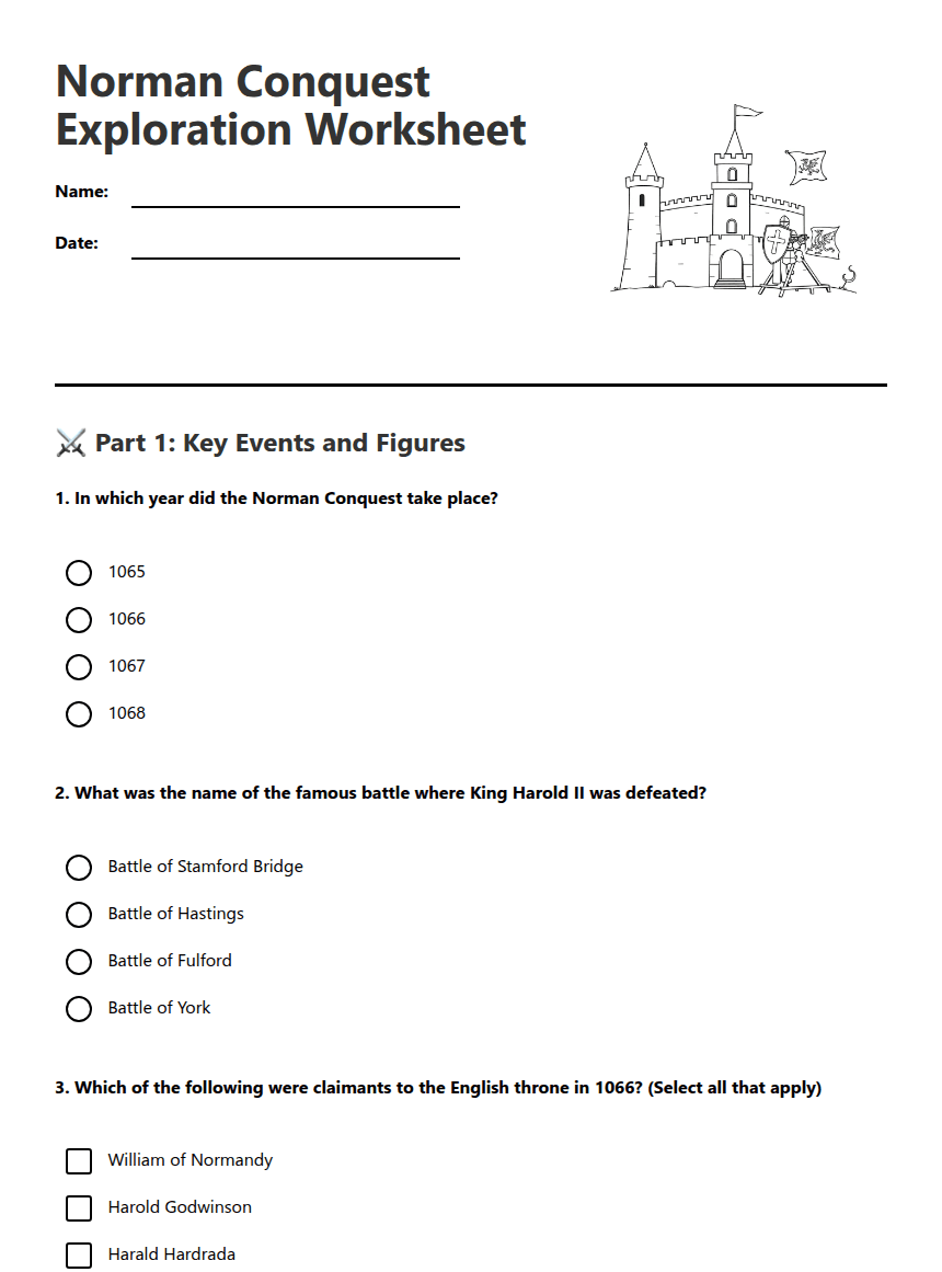 Norman Conquest Exploration Worksheet worksheet preview