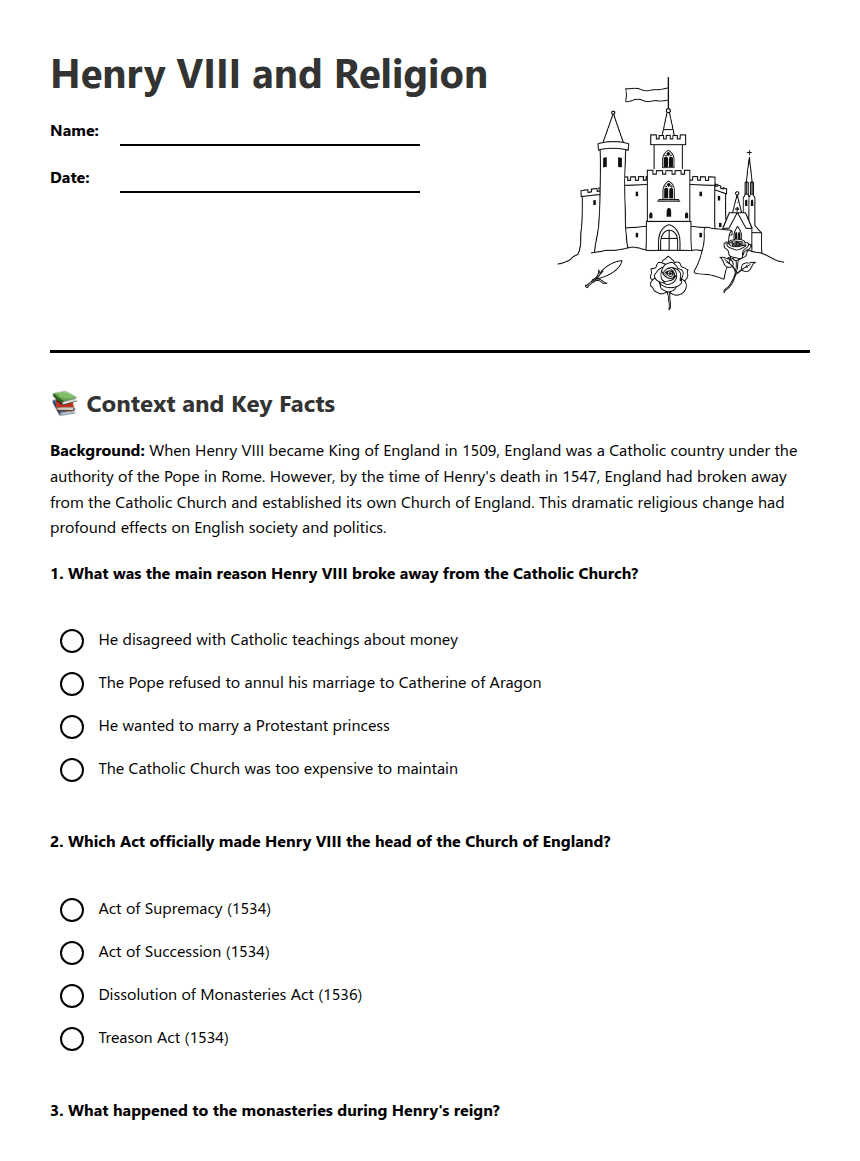 Henry VIII and Religion worksheet preview