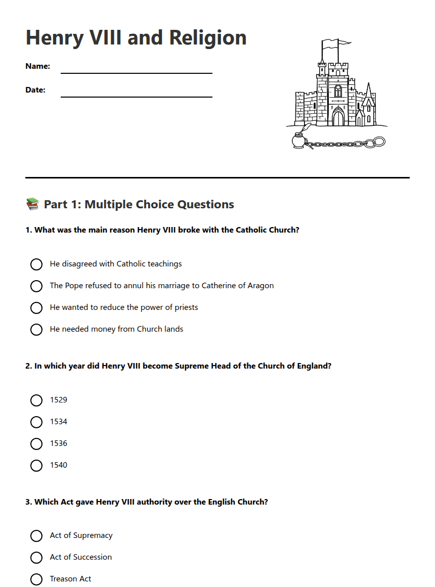 Henry VIII and Religion worksheet preview