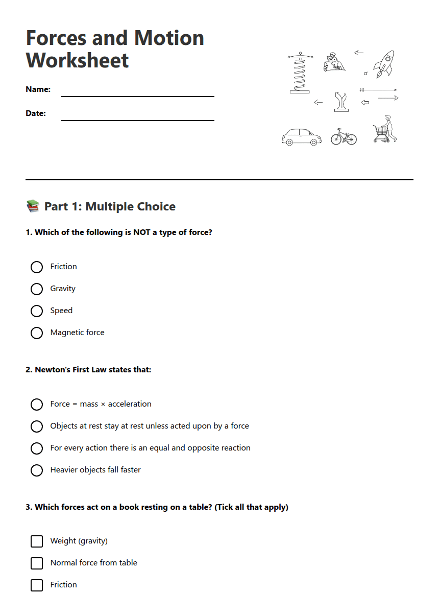 Forces and Motion Worksheet worksheet preview