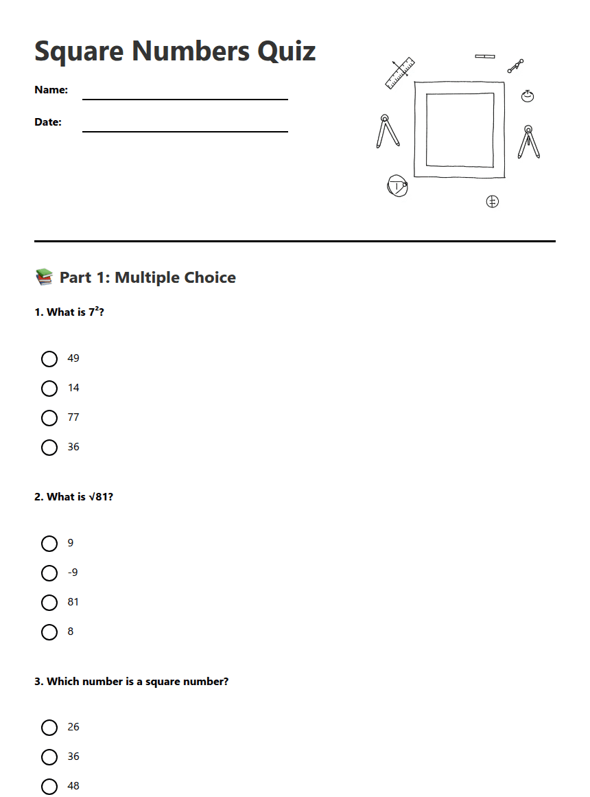 Square Numbers Quiz worksheet preview