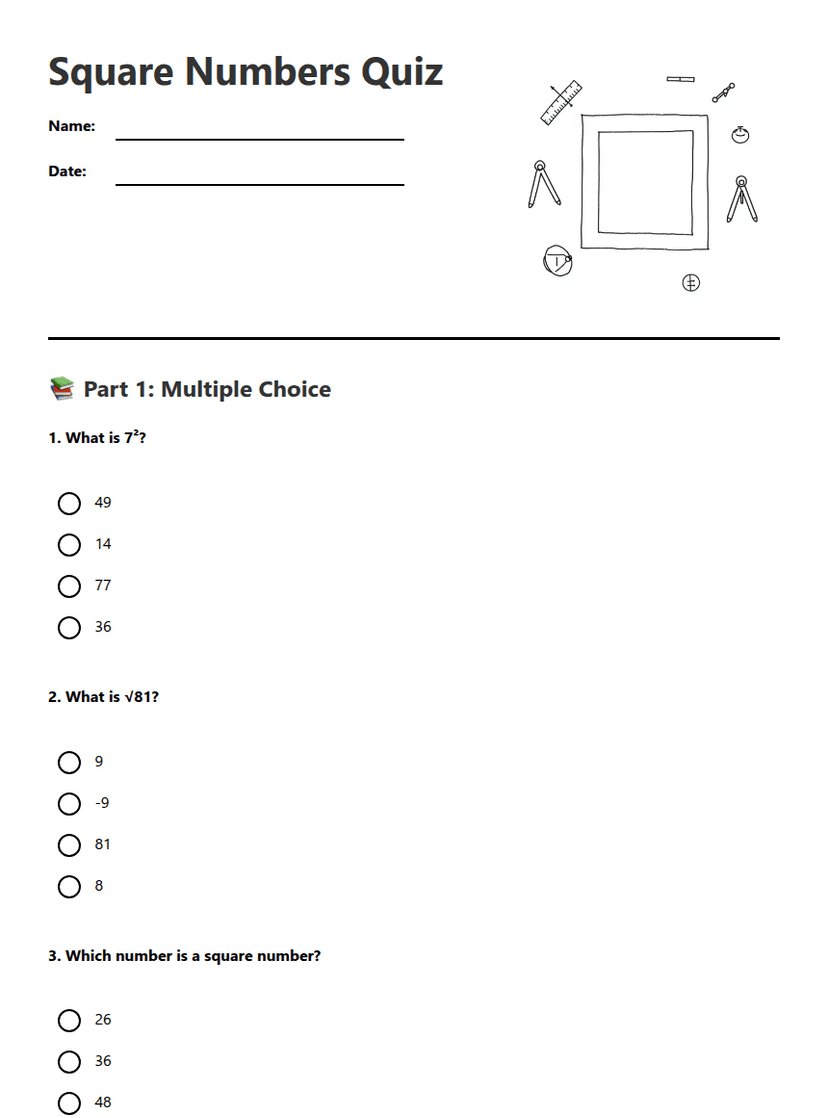 Square Numbers Quiz