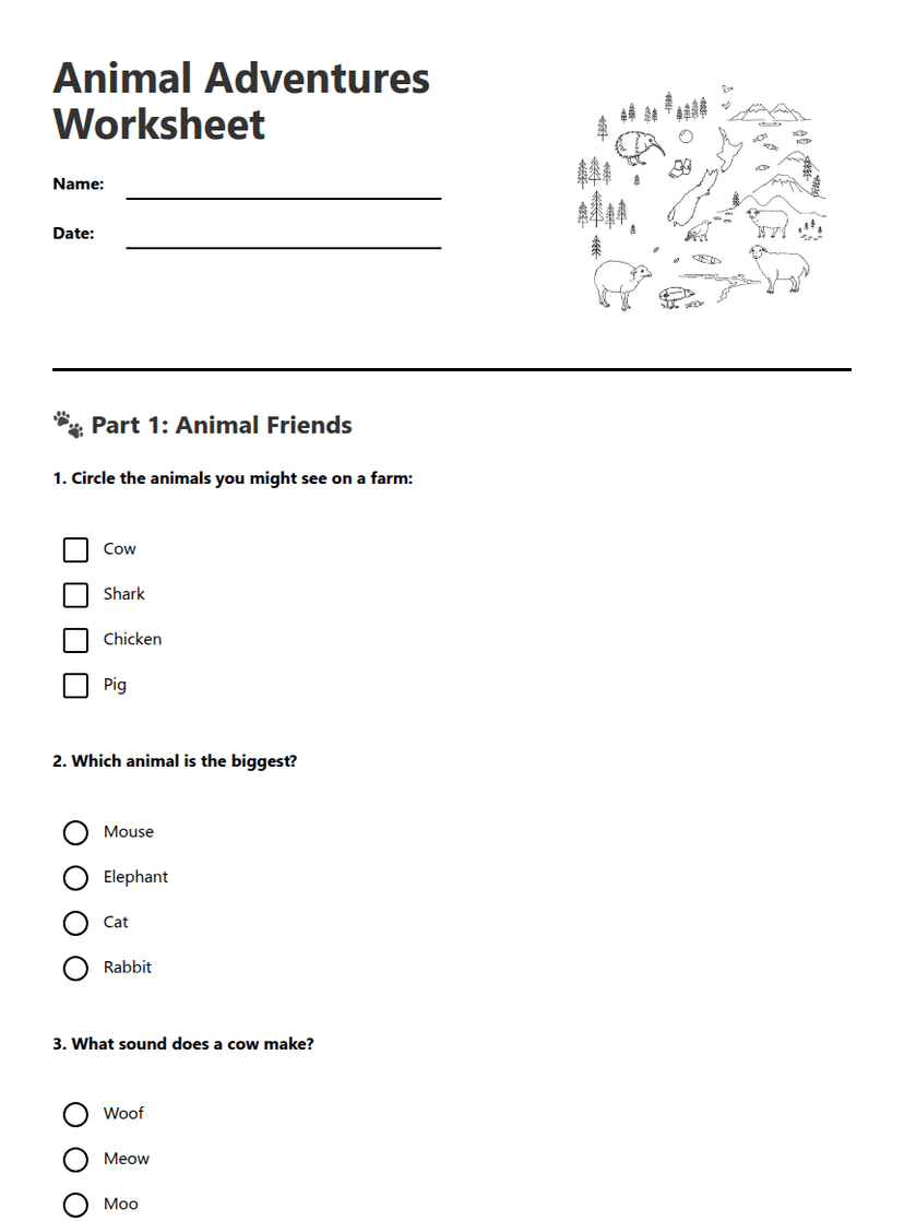 Animal Adventures Worksheet