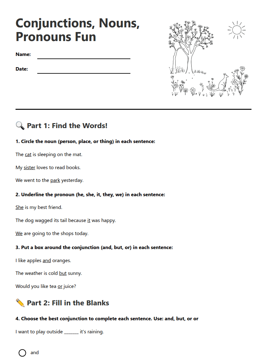 Conjunctions, Nouns, Pronouns Fun worksheet preview