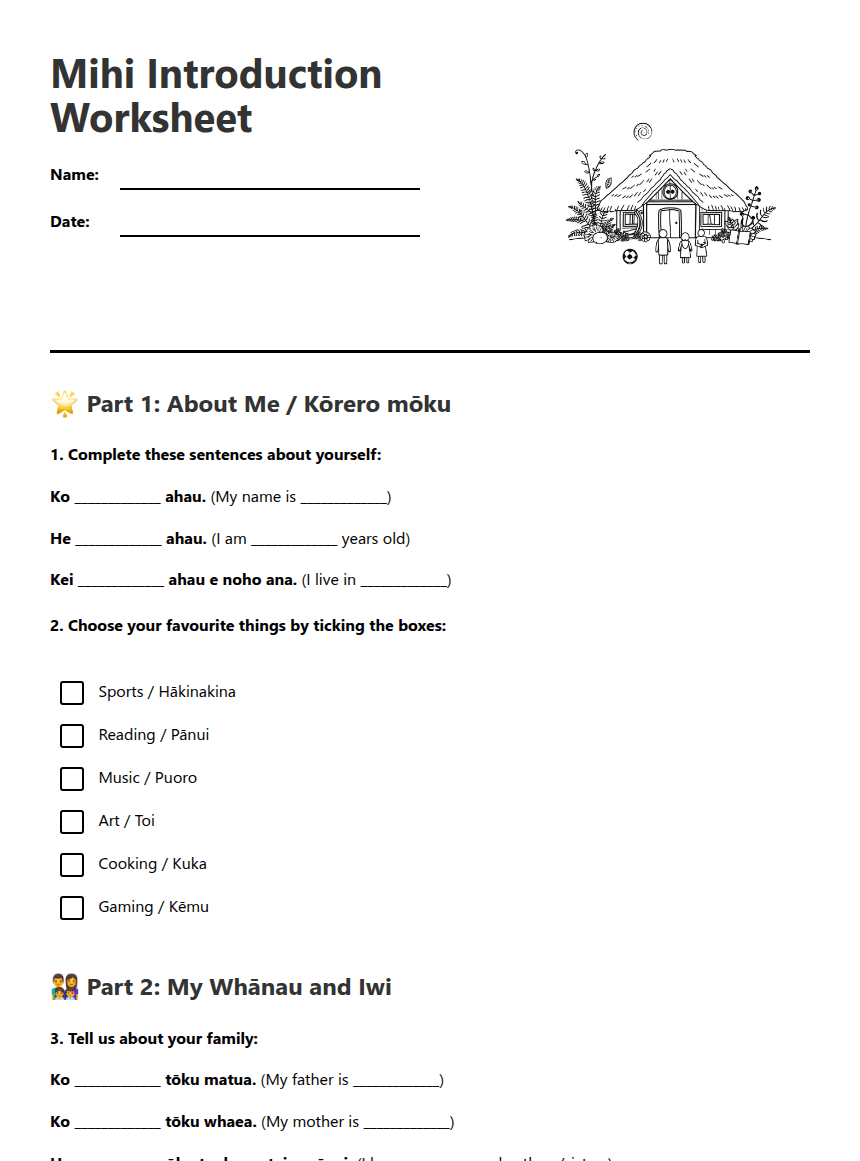 Mihi Introduction Worksheet worksheet preview