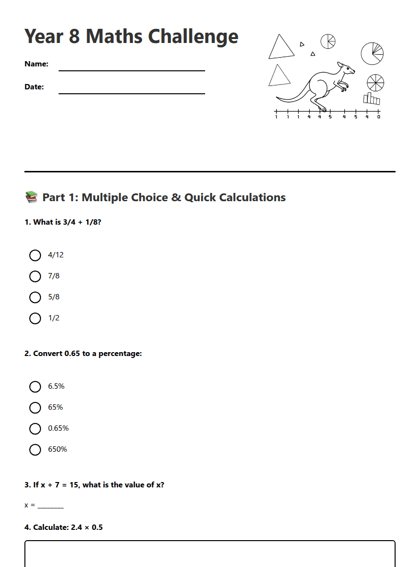 Year 8 Maths Challenge worksheet preview