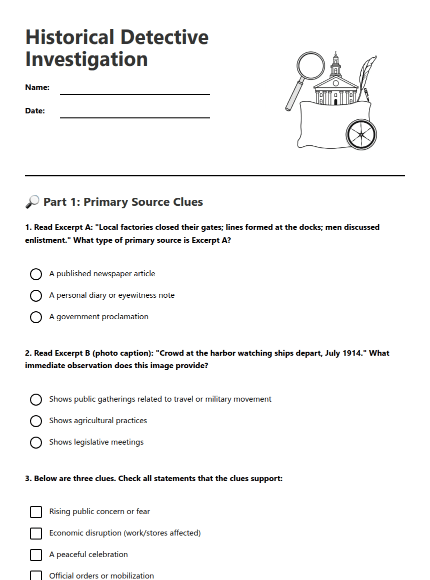 Historical Detective Investigation worksheet preview