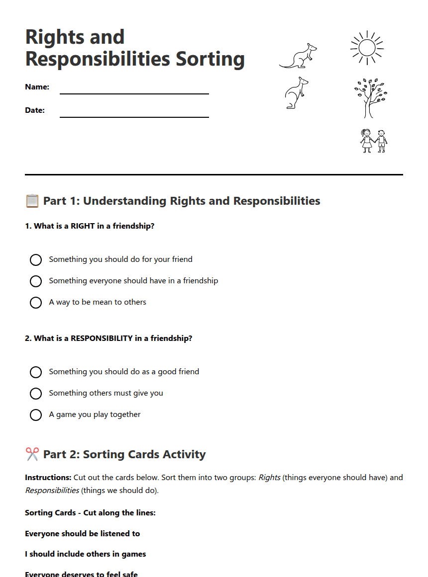 Rights and Responsibilities Sorting worksheet preview