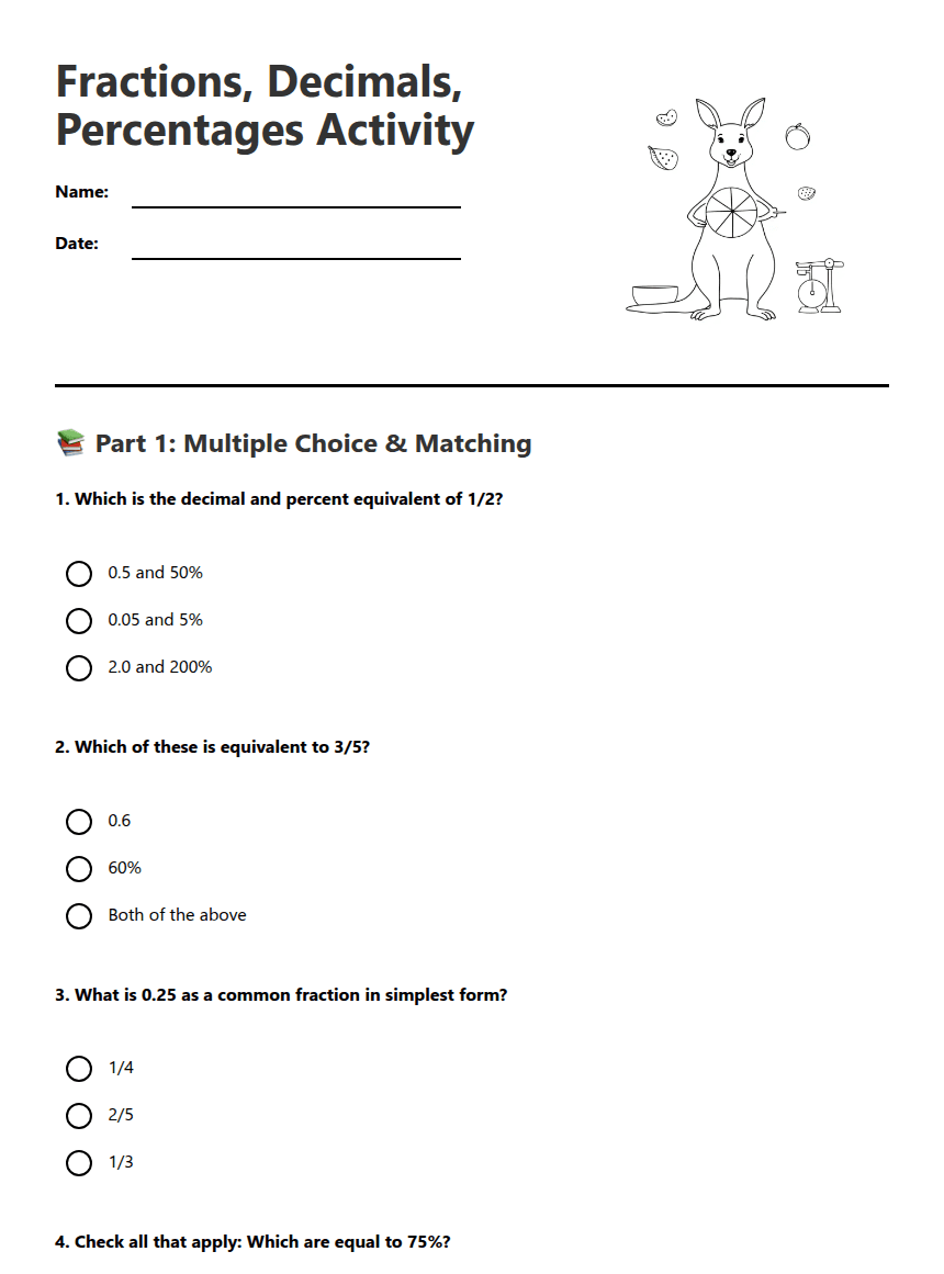 Fractions, Decimals, Percentages Activity worksheet preview