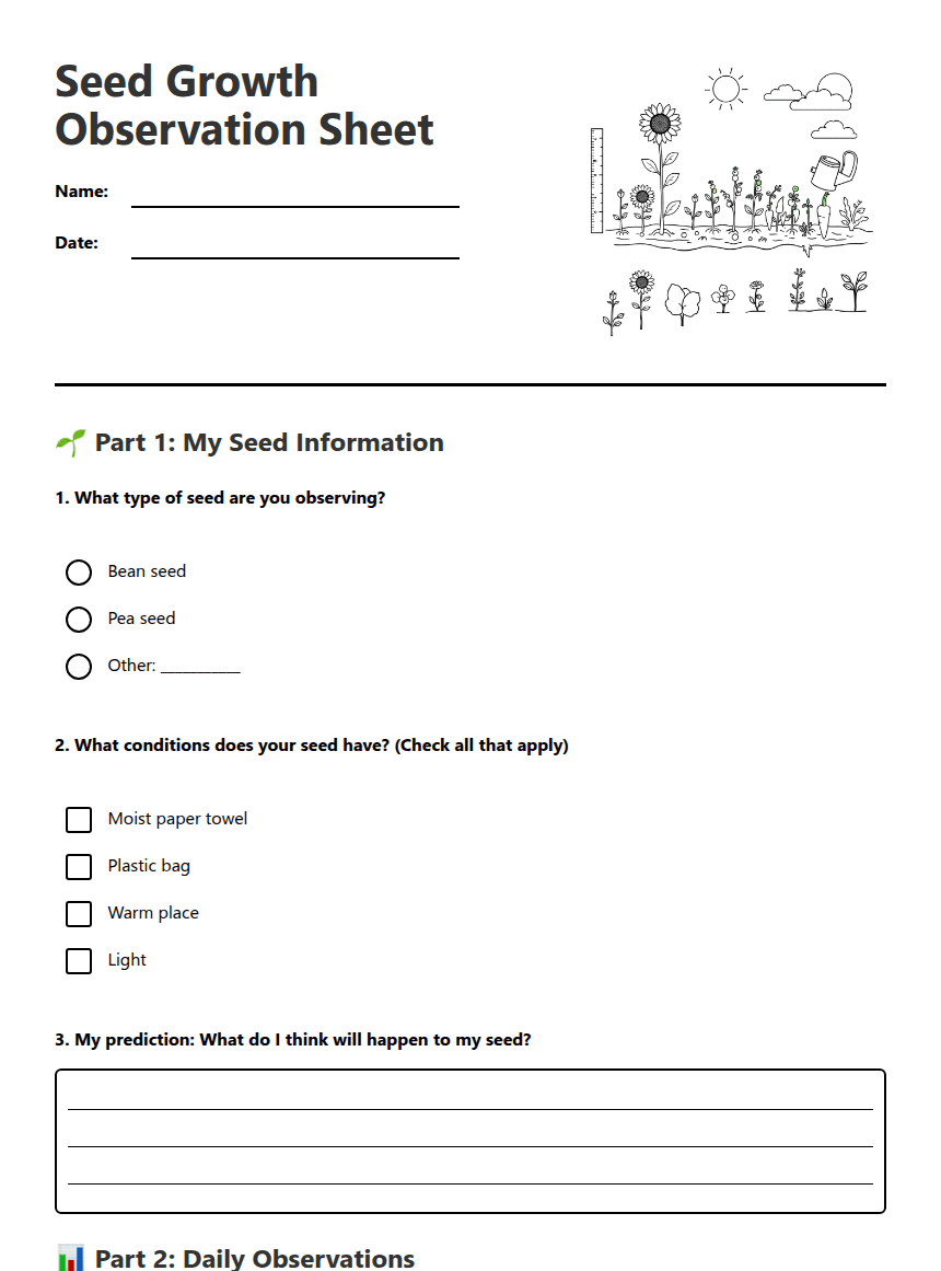 Seed Growth Observation Sheet worksheet preview