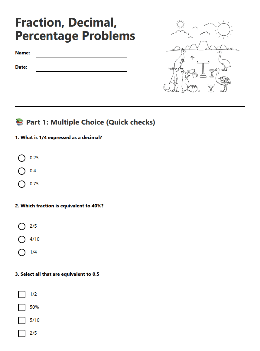 Fraction, Decimal, Percentage Problems worksheet preview