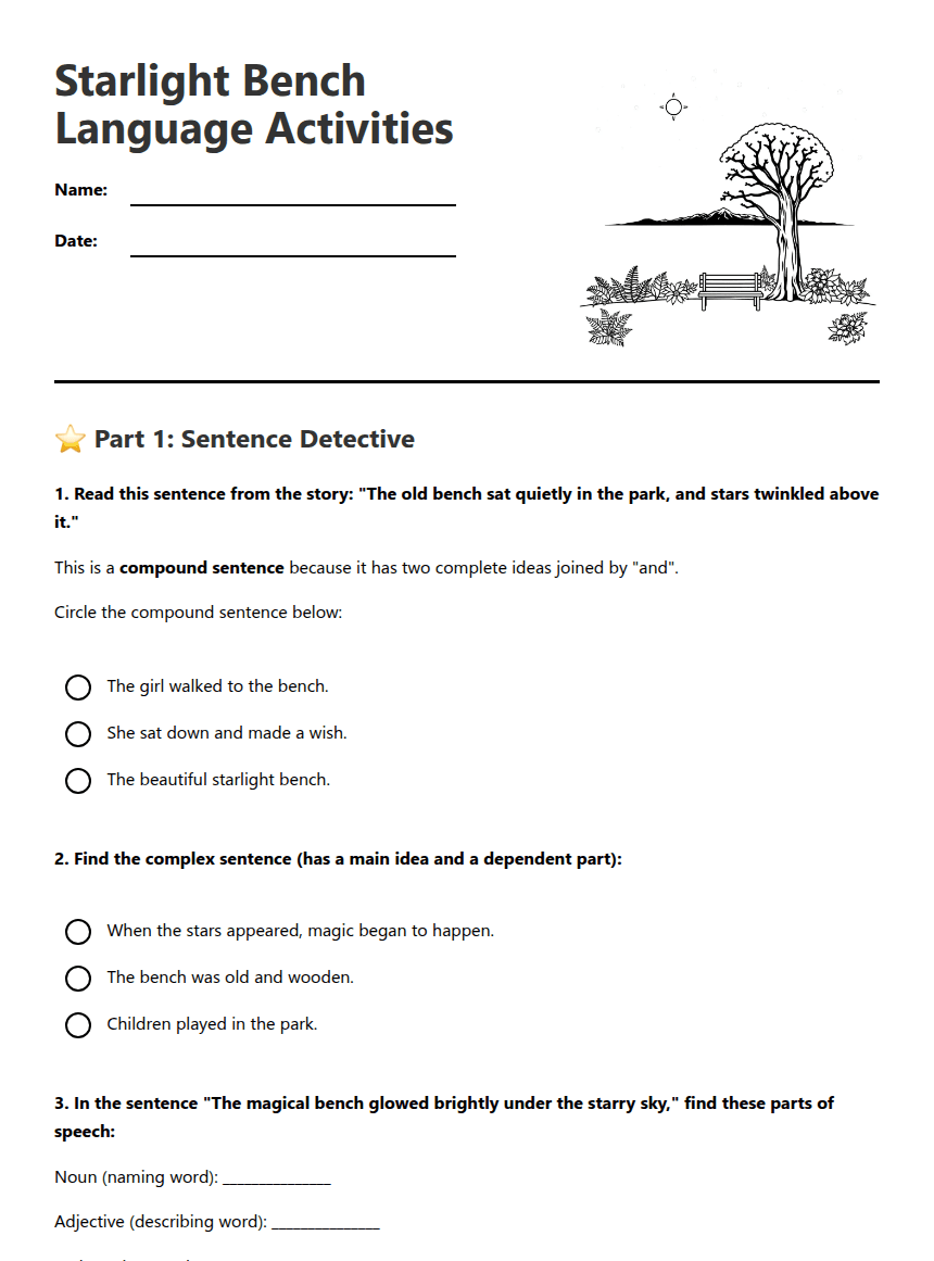 Starlight Bench Language Activities worksheet preview
