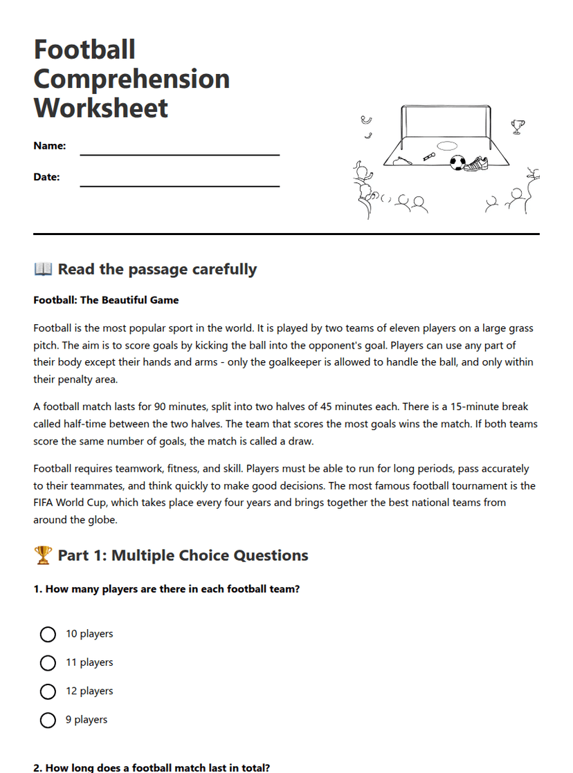 Football Comprehension Worksheet