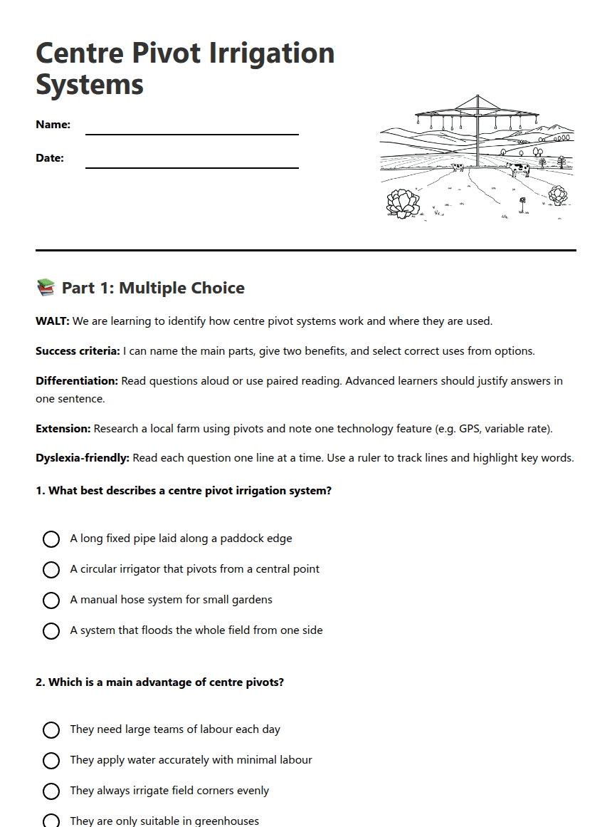 Centre Pivot Irrigation Systems worksheet preview