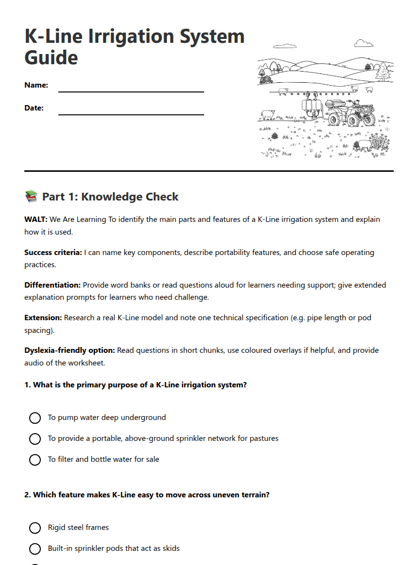K-Line Irrigation System Guide worksheet preview