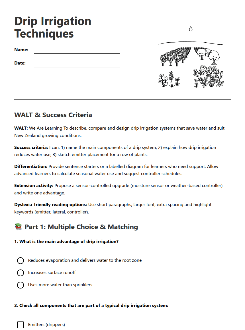 Drip Irrigation Techniques worksheet preview