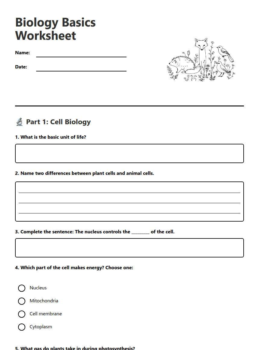 Biology Basics Worksheet worksheet preview