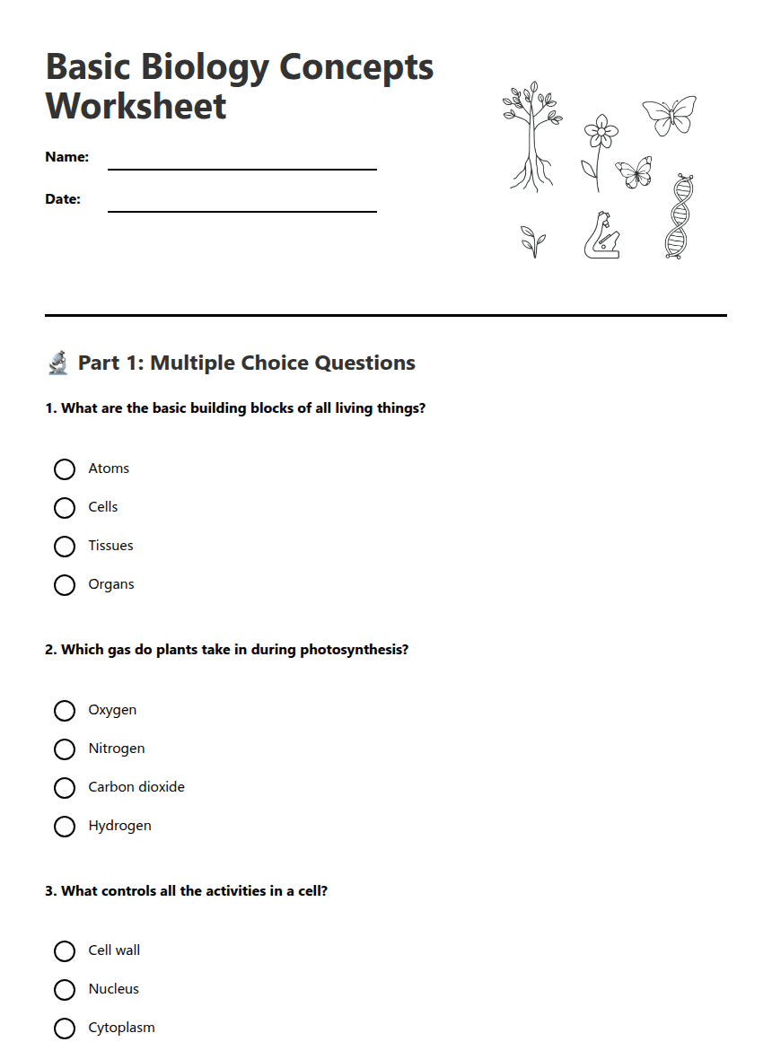 Basic Biology Concepts Worksheet worksheet preview