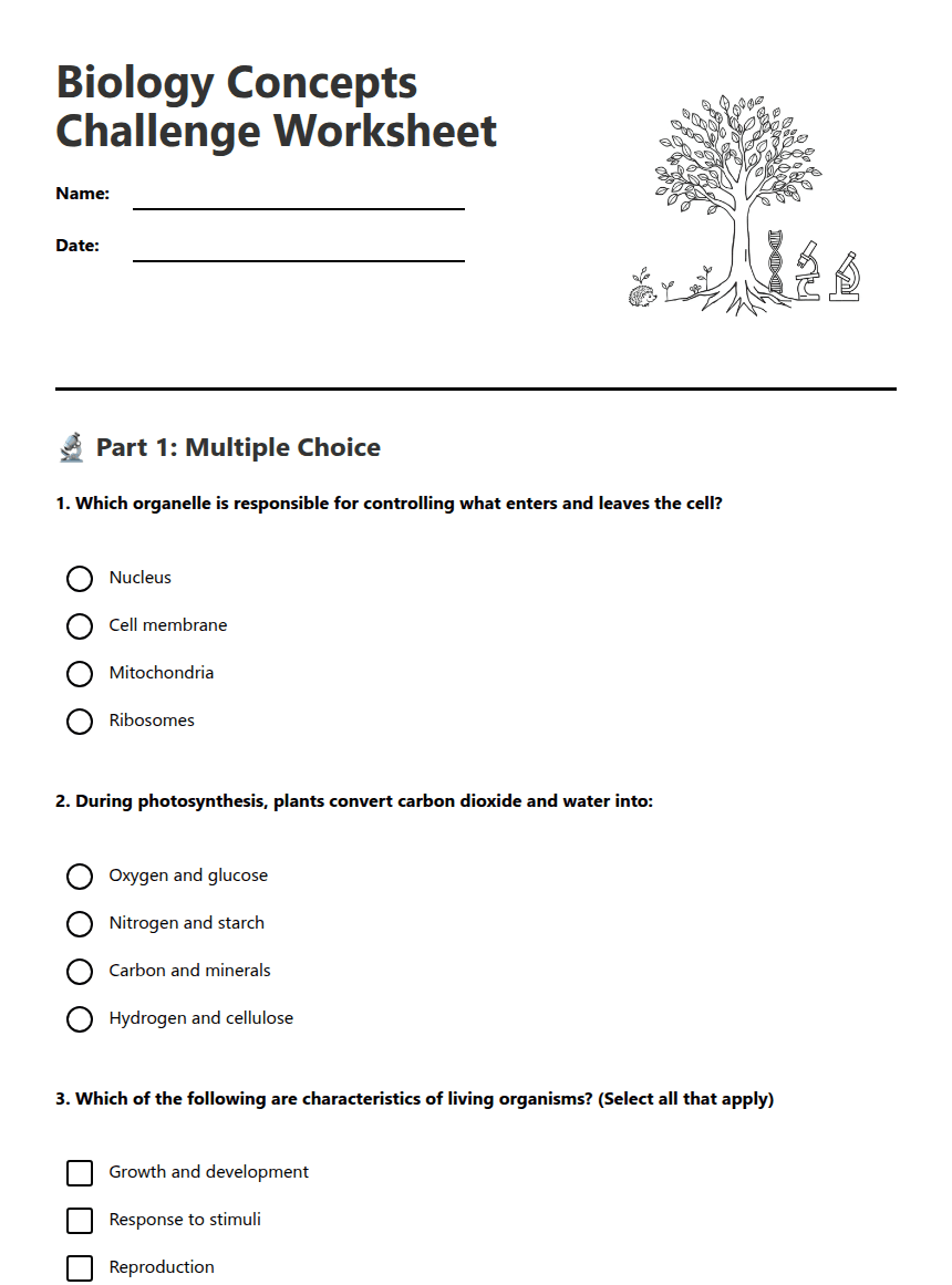 Biology Concepts Challenge Worksheet worksheet preview