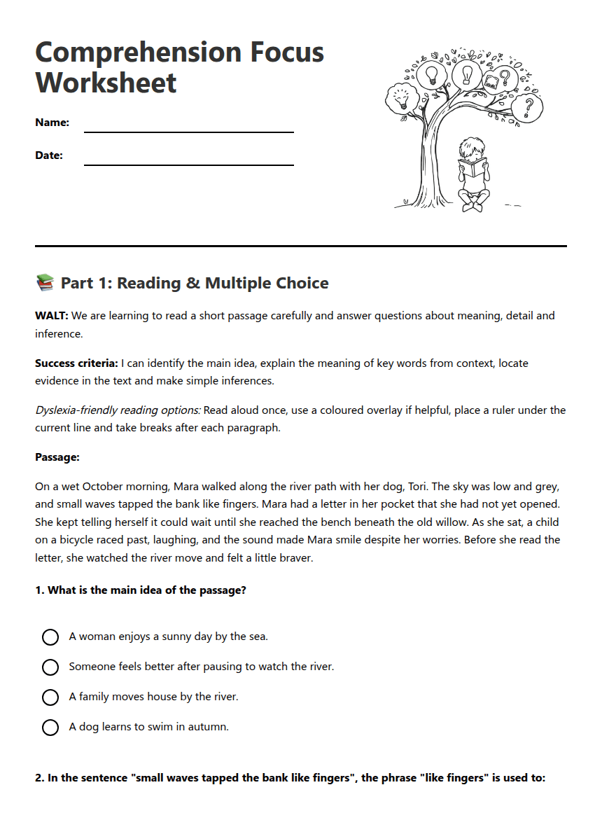 Comprehension Focus Worksheet worksheet preview