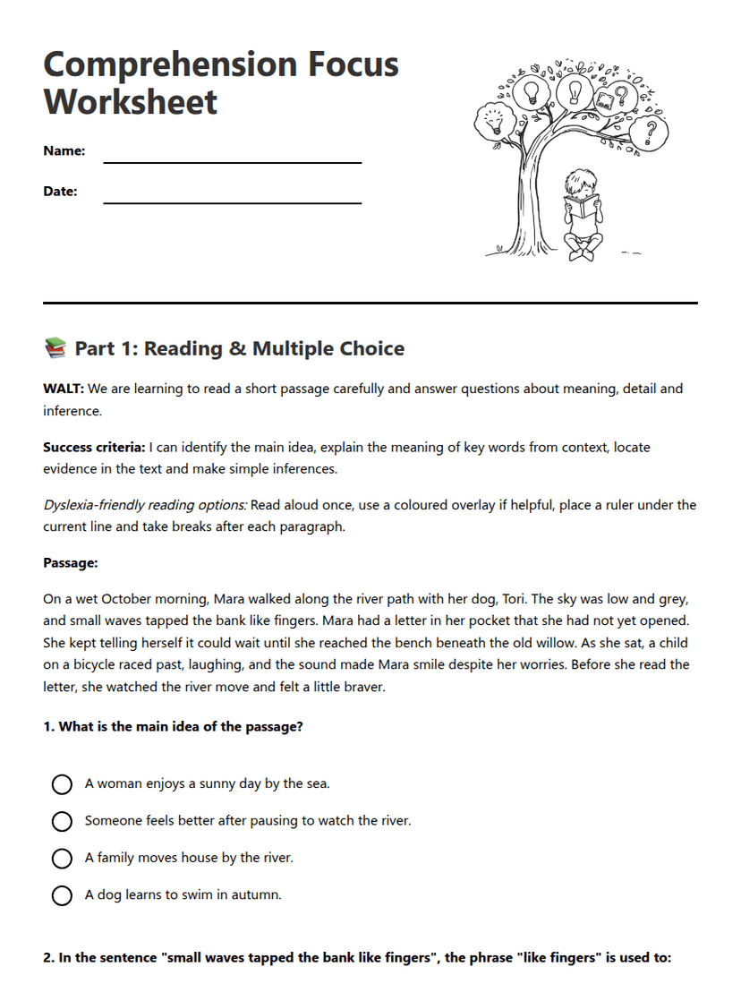 Comprehension Focus Worksheet