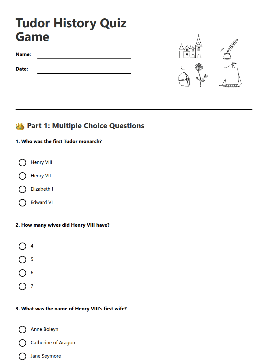 Tudor History Quiz Game worksheet preview