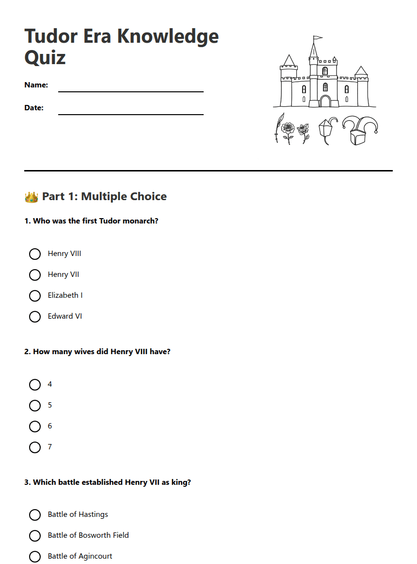 Tudor Era Knowledge Quiz worksheet preview