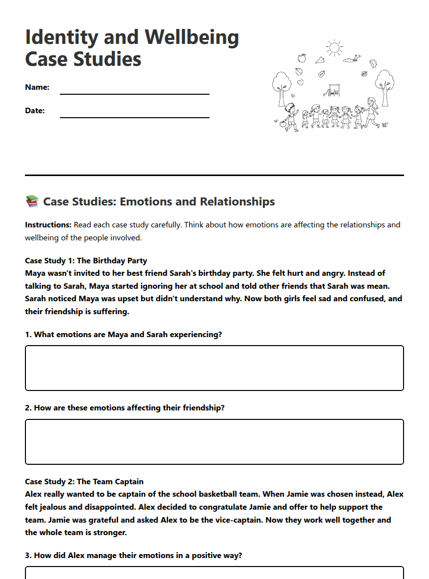 Identity and Wellbeing Case Studies worksheet preview