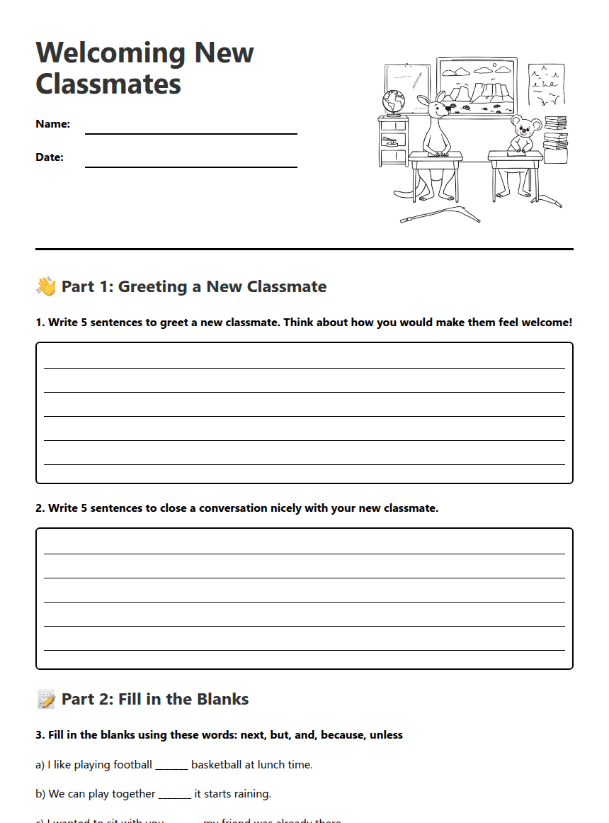 Welcoming New Classmates worksheet preview