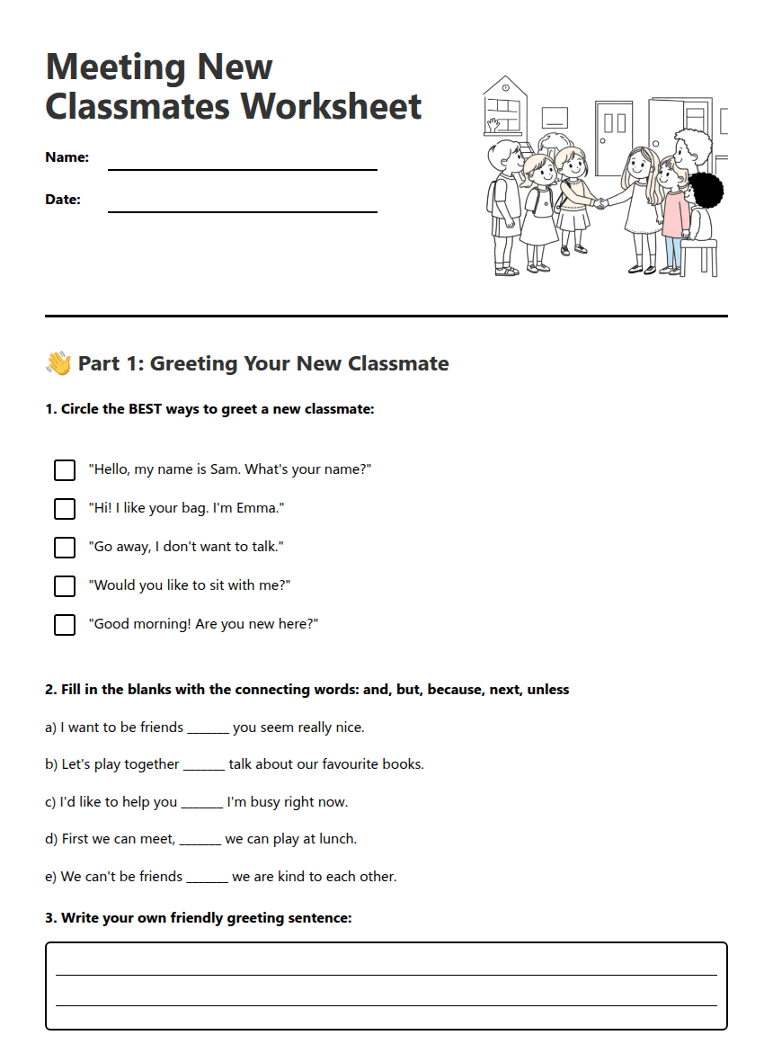 Meeting New Classmates Worksheet worksheet preview
