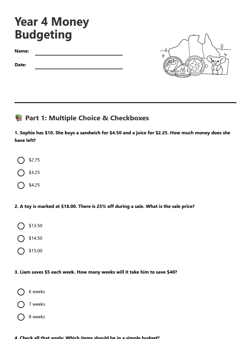 Year 4 Money Budgeting worksheet preview