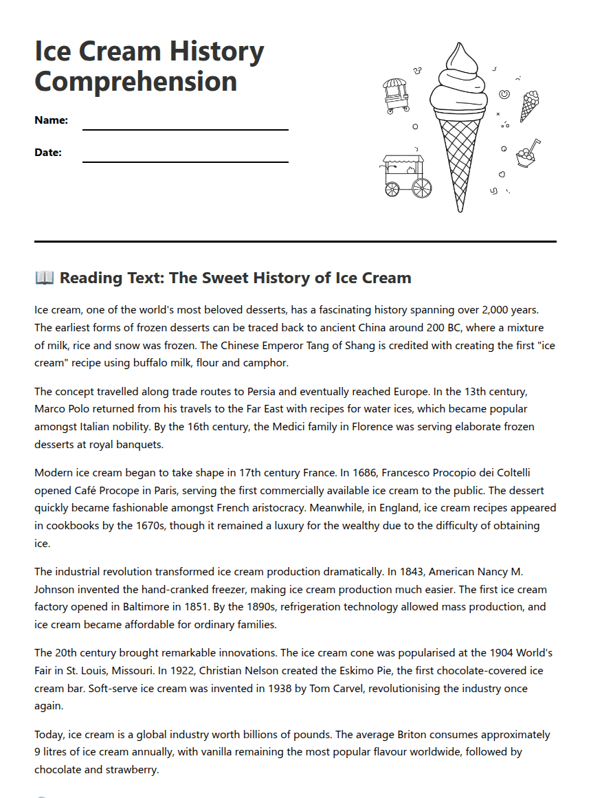 Ice Cream History Comprehension worksheet preview