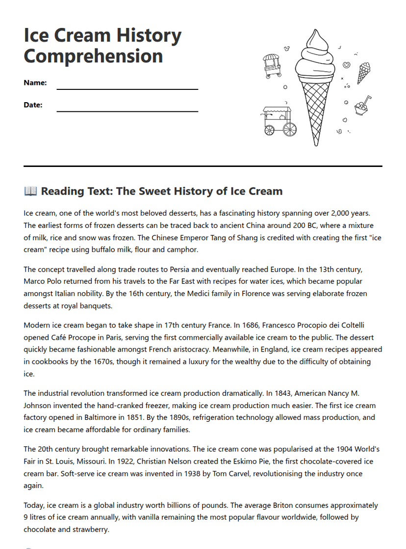 Ice Cream History Comprehension