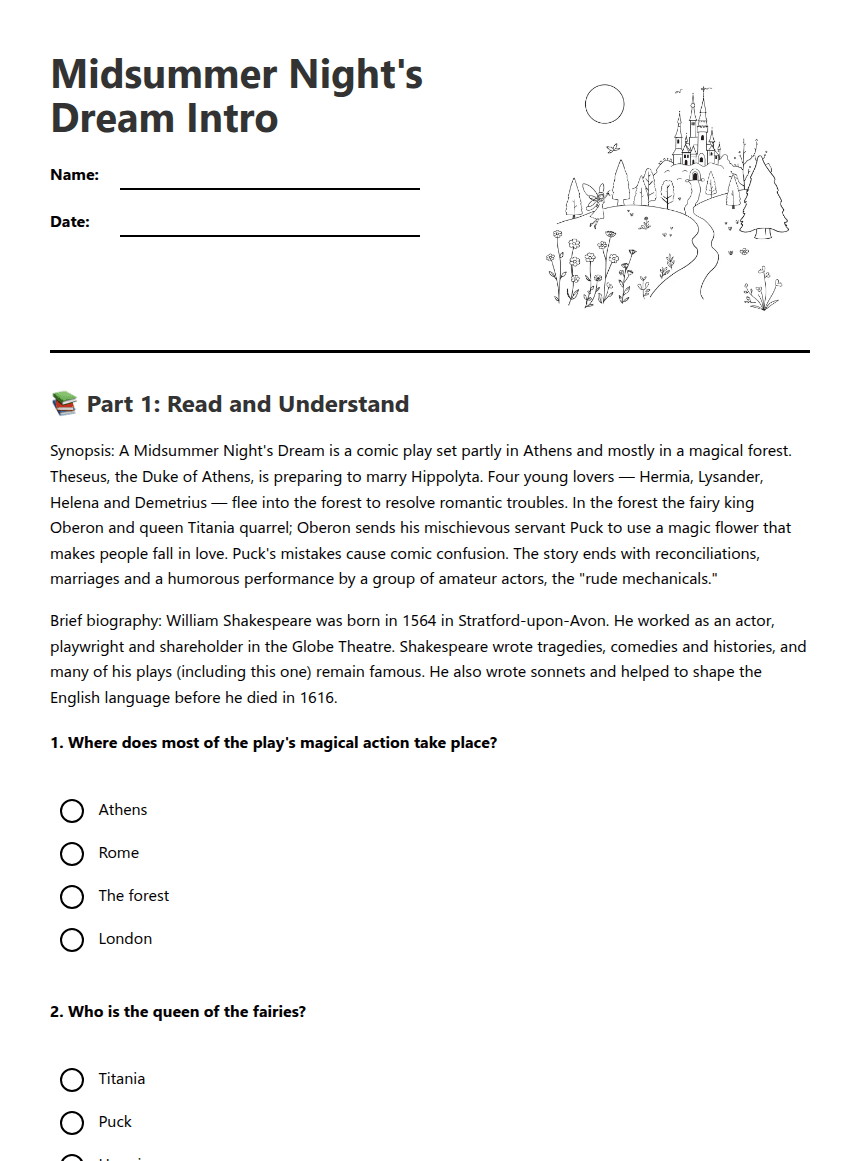 Midsummer Night's Dream Intro worksheet preview