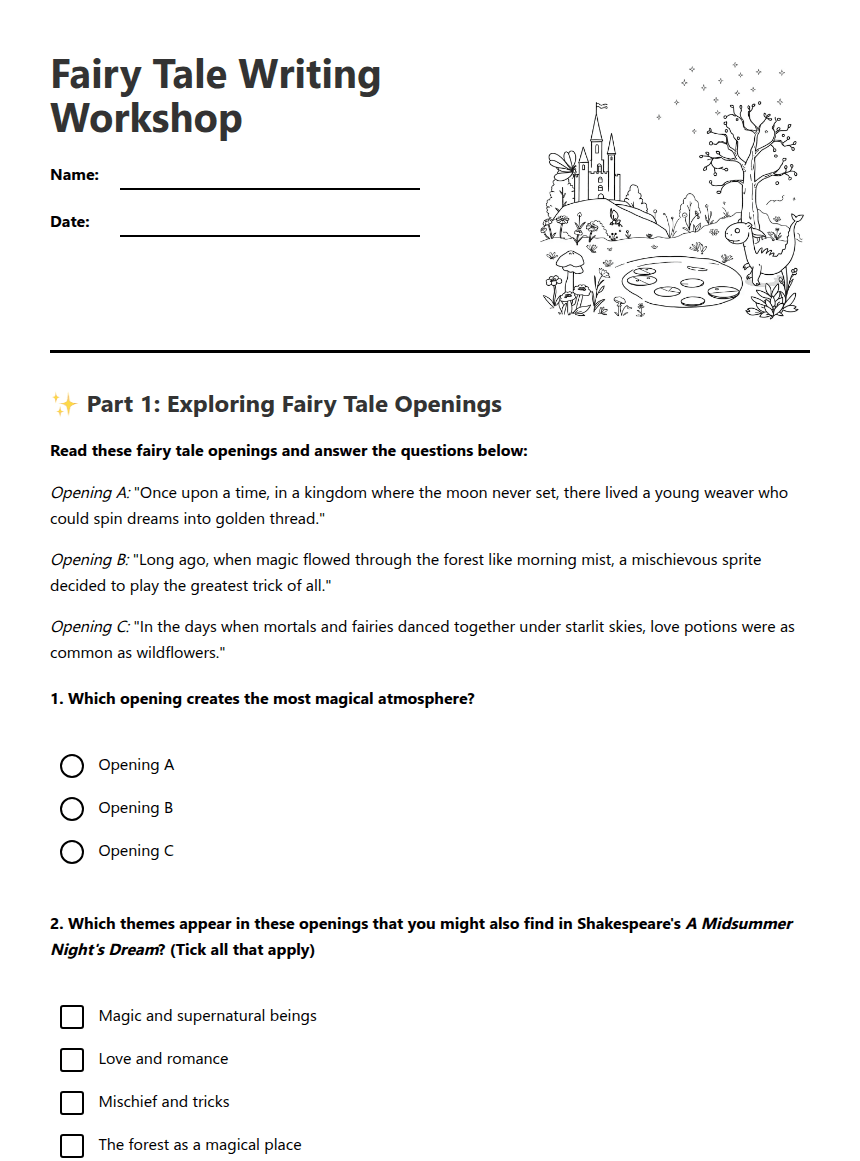 Fairy Tale Writing Workshop worksheet preview