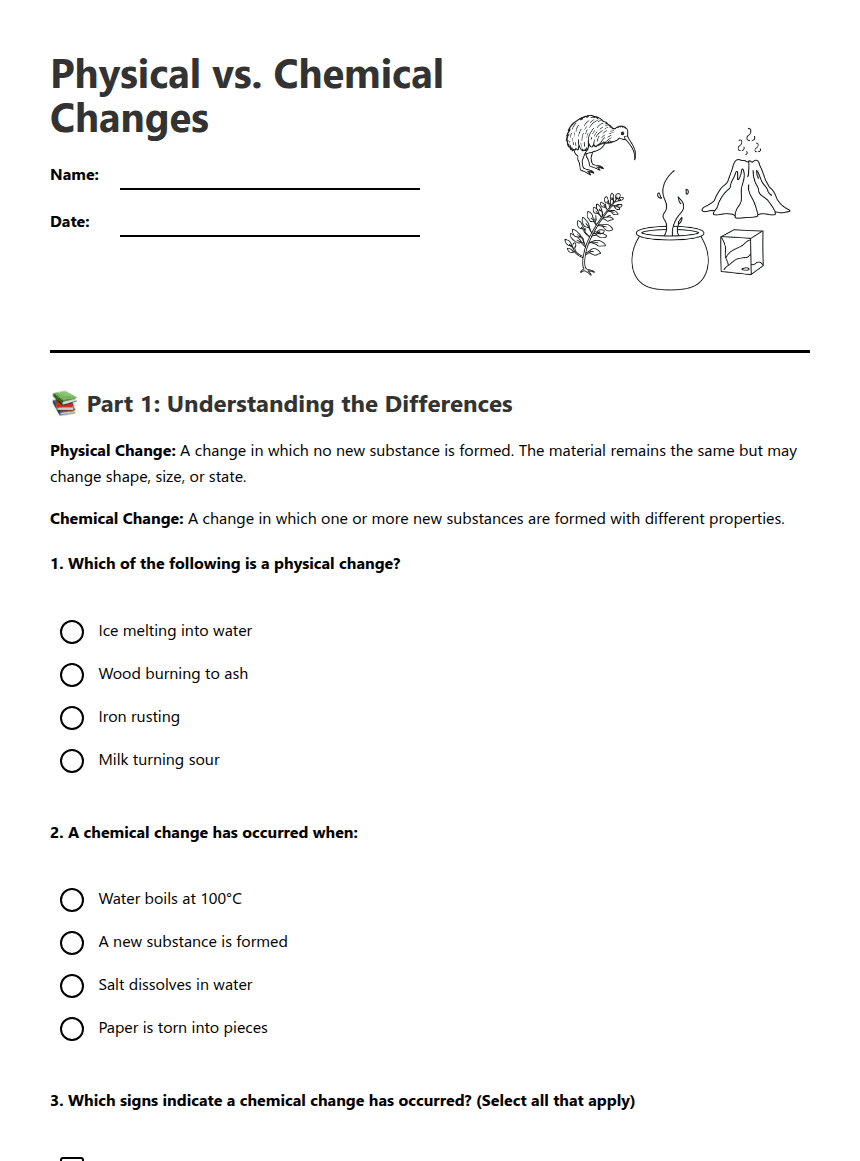 Physical vs. Chemical Changes worksheet preview