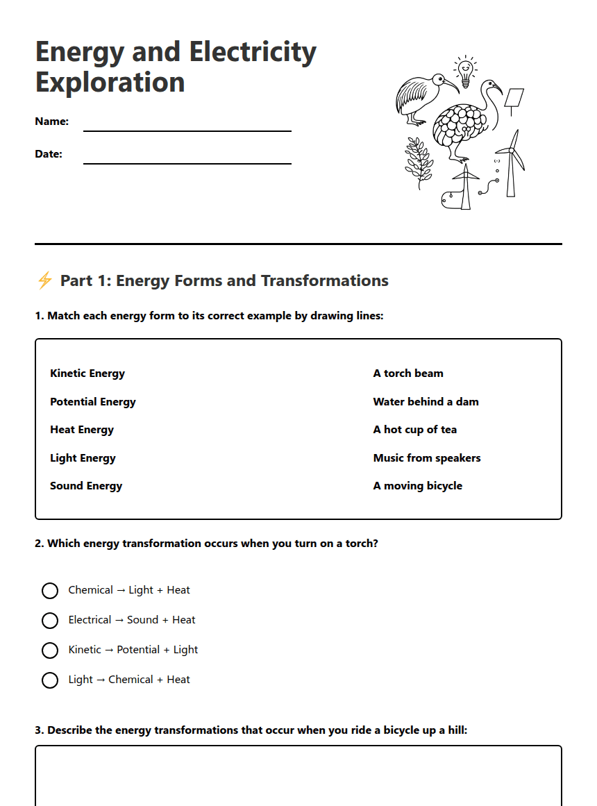 Energy and Electricity Exploration worksheet preview