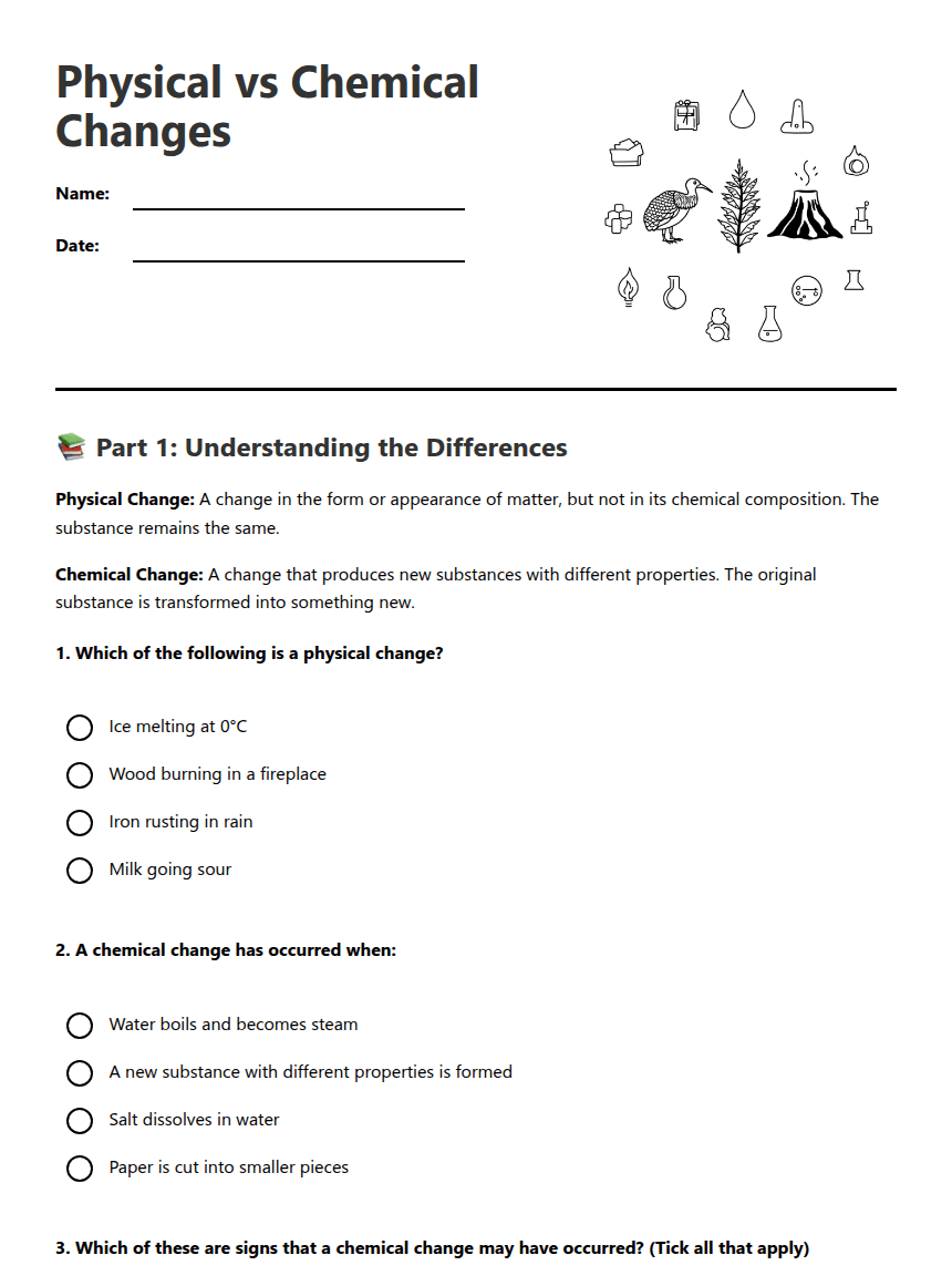 Physical vs Chemical Changes worksheet preview